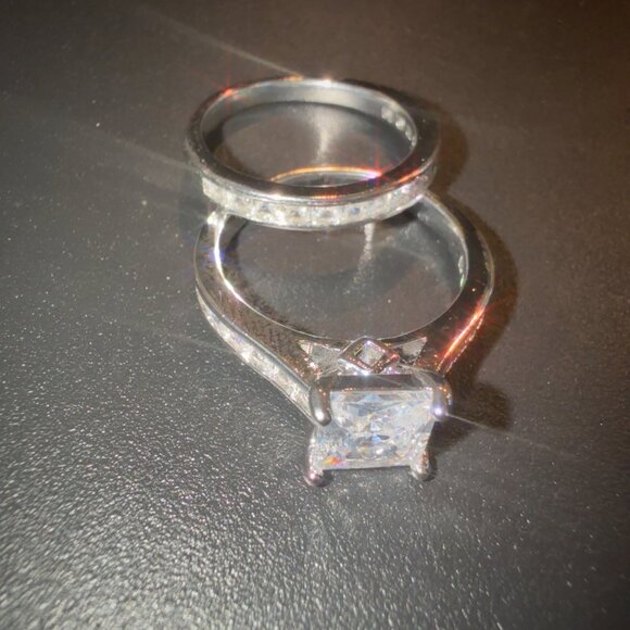 2 PC Wedding Set With Princess Cut CZ Engagement & Eternity Band Ring In Sterlin - Picture 5 of 8